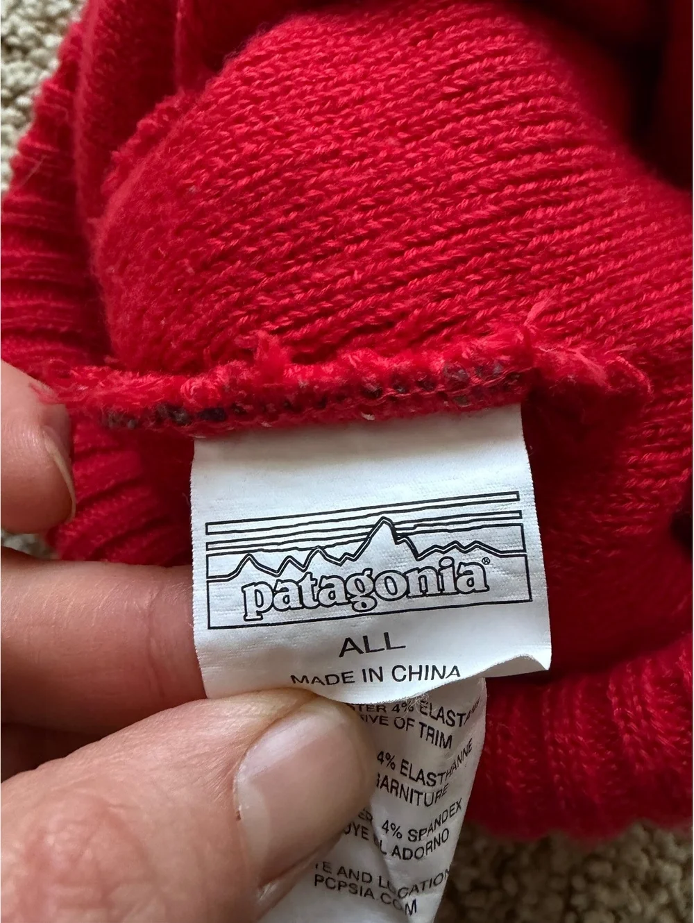 Patagonia Powder Town Beanie red grey orange ribbed cuff pom pom